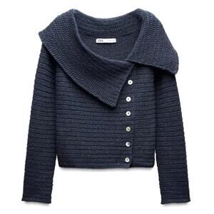 Zara Rustic Knitwear Top Shawl Collar Sweater Button Up Size Small Navy Blue